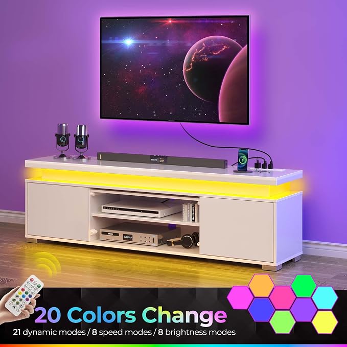 Rolanstar TV Stand with LED Lights & Power Outlet, Modern Entertainment Center for 32/43/50/55/65 Inchs TVs, Table, Universal Gaming Media Stand Storage Cabinet and Large Storage, White - Image 4