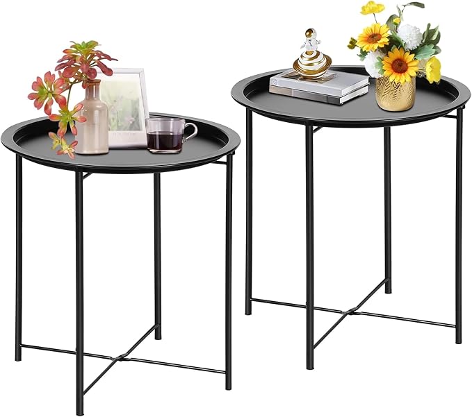 VECELO Side/End Table, Folding Round Metal Anti-Rust and Waterproof Outdoor or Indoor Tray for Living Room Bedroom Balcony and Office, 2 PCS, Black by VECELO