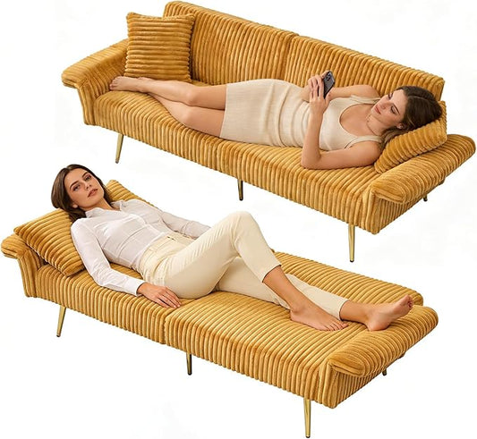 Rovibek Futon Loveseat Sofa Bed, Modern Corduroy Futon Couch with Adjustable Backrest, 2 Pillows, Convertible Futon Sofa for Small Spaces Living Room, Apartment, Guest Room, Yellow