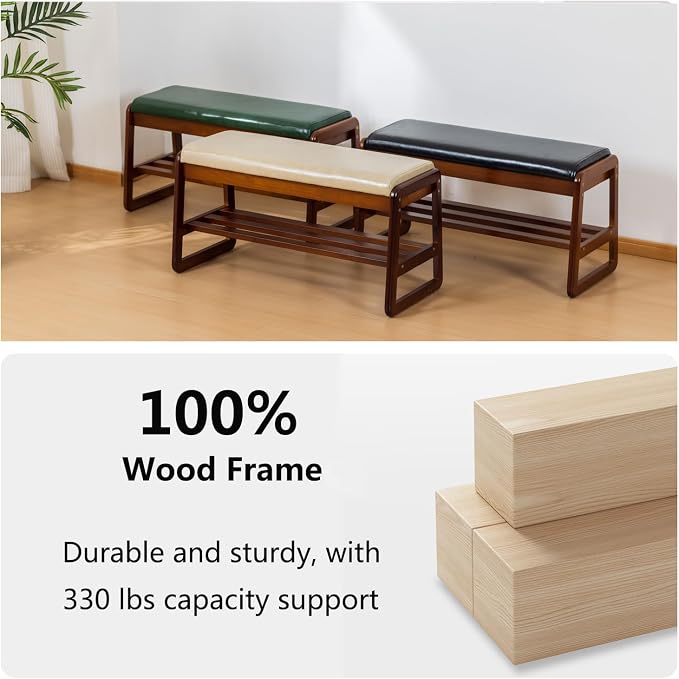 Solid Wood Shoe Bench, 2-Tier Entryway Bench with Cushion and Flip-Open Storage Box, Mid-Century Modern Shoe Bench Rack for Hallway, Mudroom(Black, 31.5'') - Image 6