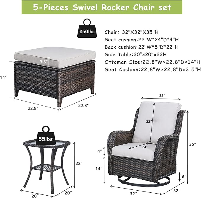 Rilyson Wicker Patio Furniture Set - 5 Piece Rattan Outdoor Sectional Conversation Sets with 2 Swivel Rocking Chairs,2 Ottomans and 1 Side Table for Porch Deck Garden(Brown/Beige)