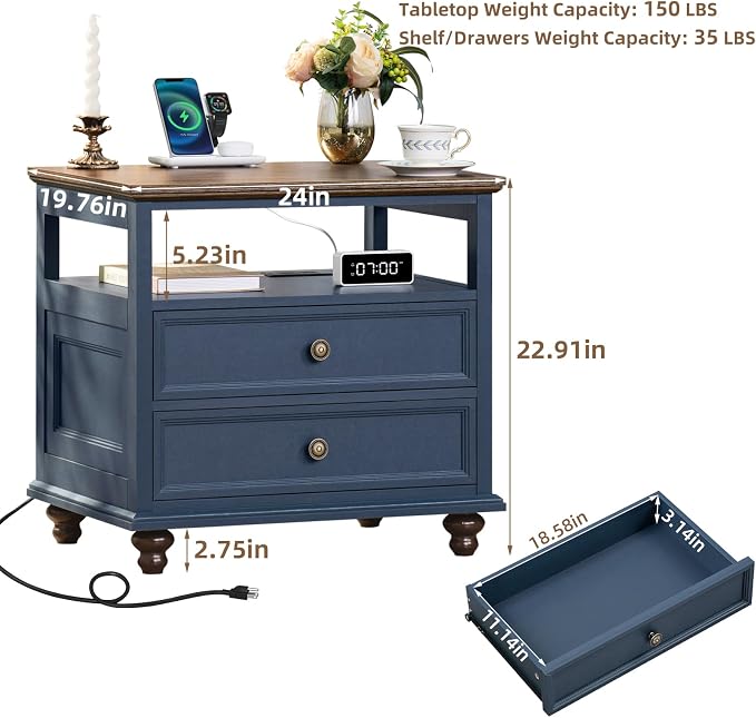 Joaxswe Farmhouse Nightstand Set of 2 with Charging Station, 24" Wide End Table with 2 Drawers,Wood Dresser for Bedroom,Bed Side Table Chest of Drawers Cabinet,Navy BlueNight Stand for Living Room - Image 3