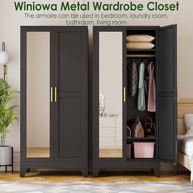 winiowa Metal Armoire Wardrobe Closet with 2 Mirror Doors, 71" Wardrobe Cabinet with Adjustable Shelves and Hanging Rod, Clothing Storage Cabinet Closet with Mirror for Bedroom-Black