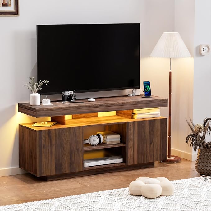 HOMMPA LED TV Stand for 55/50/43/40/32 Inch Modern Entertainment Center with Power Outlets, Gaming Consoles Storage, Media Table with LED Lights, Game Cabinet for Living Room Walnut - Image 3
