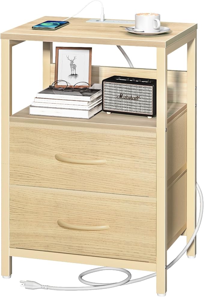 Yoobure Nightstand with Charging Station, Small Night Stand with Fabric Drawers and Storage Shelf for Bedrooms, Nightstands for Small Spaces, Bedside Table with USB Ports & Outlets, Bed Side Table by Yoobure