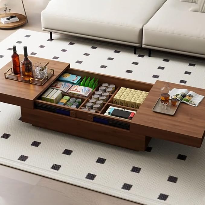 Mid-Century Expandable Coffee Table with Storage – 47.2"-81.9" Adjustable Center Table for Living Room, Walnut Wood Finish