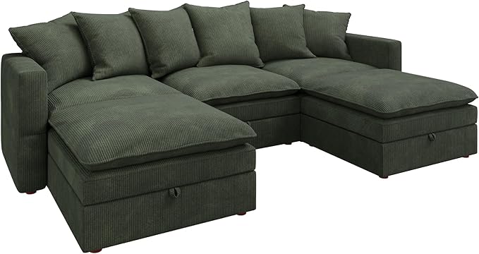 HONBAY Modular Sectional Sofa, 105.5 Inch Deep Seat U Shaped Couch with Storage & Adjustable Armrest Backrest, Green