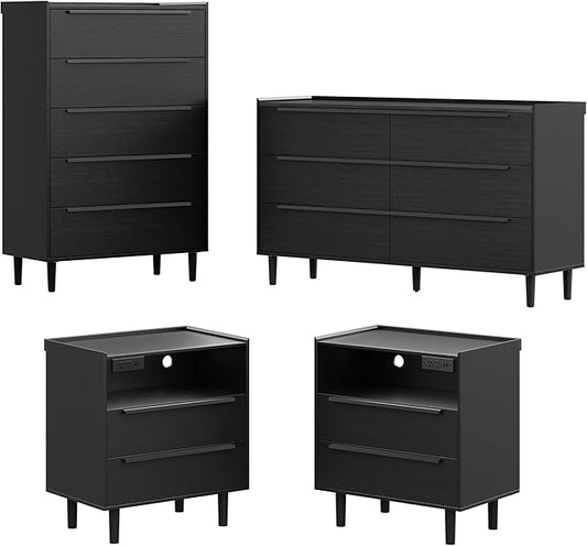 4PC Bedroom Furniture Set, Black Wood Grain 6-Drawer Dresser & 2 Charging Nightstands with Metal Handles, USB & Type-C Ports, AC Outlets, Open Shelf, Raised Edge Top, for Bedroom Apartment