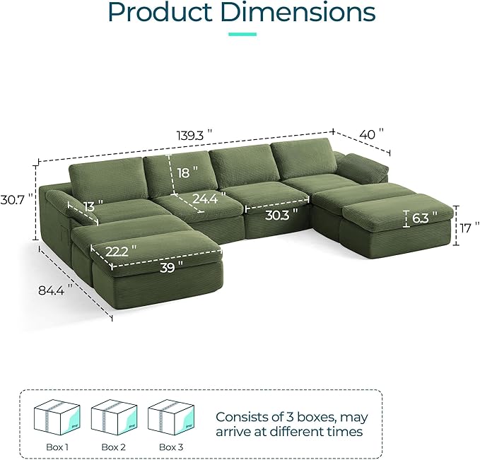 LINSY HOME 139" Modular Couch Modern Boneless Cloud Couch, U Shaped Sofa with Movable Ottomans, Deep Seat Corduroy Sectional Couches for Living Room, Apartment, No Assembly Required, Green