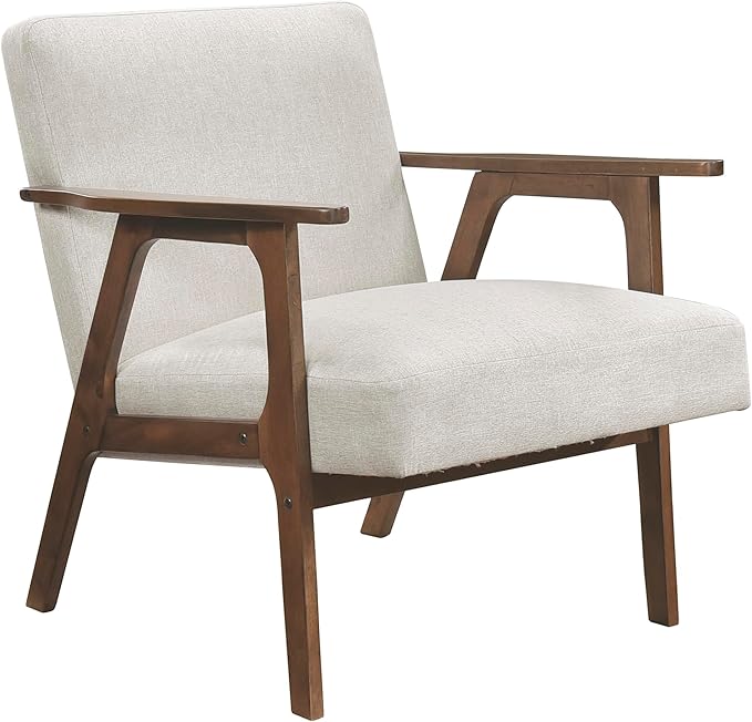 Lexicon Mid Century Modern Accent Chair, Upholstered Lounge Armchair, Single Sofa Seat, Brown Finish Solid Wood Framed Comfy Side Chairs for Living Room/Bedroom/Office/Waiting Area, Beige