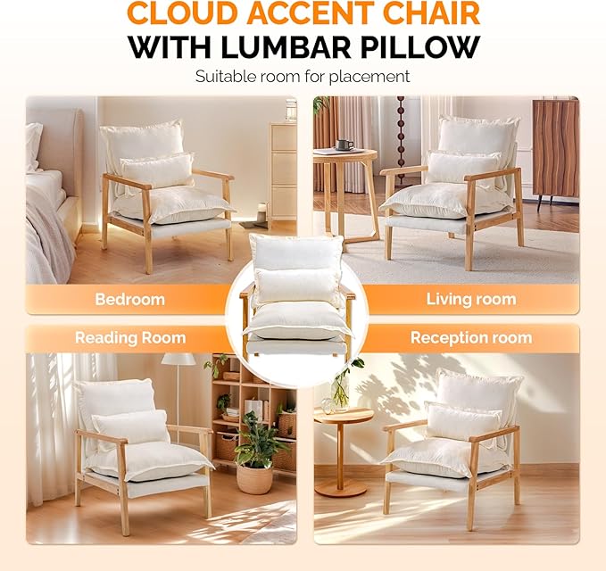 VINGLI Mid-Century Modern Cloud Accent Armchair with Lumbar Pillow, 6.3'' Thick Seat Cushion Comfortable Reading Chair with Wooden Armrests，Boho Lounge Chair for Bedroom, Living Room, Chenille, Beige