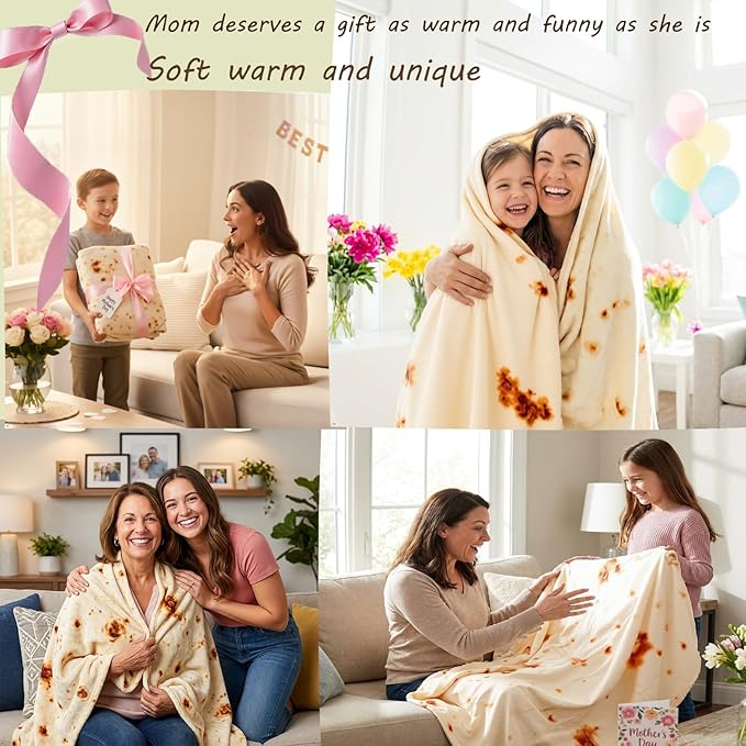 LetsFunny Burrito Tortilla Throw Blankets, 60in 2.0 Double Sided Taco Tortilla Wrap Blankets for Adults Teens Kids, Giant Funny Realistic Flannel Food Blankets, Unique Practical Gift for Her or Him