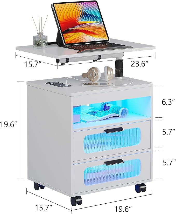 HNEBC LED Nightstand Set of 2 with Charging Station & Adjustable Overbed Desk, 3 Color LED Lights & Body Sensor, Mobile Bedside Table with Wheels, 2 Drawers & Open Shelf for Bedroom(White) - Image 3