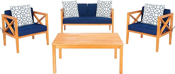 SAFAVIEH Outdoor Collection Montez Natural/Navy Blue Cushion 4-Piece Conversation Patio Set with Accent Pillows