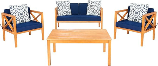 SAFAVIEH Outdoor Collection Montez Natural/Navy Blue Cushion 4-Piece Conversation Patio Set with Accent Pillows