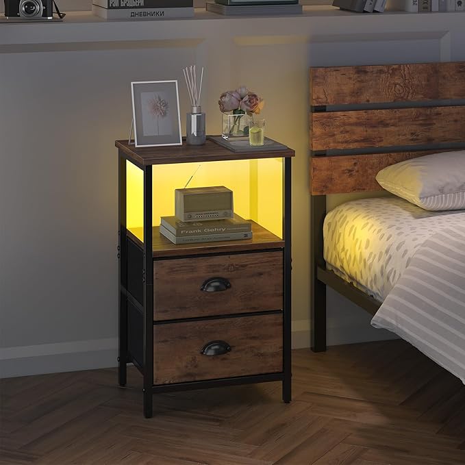 sthmec Nightstand with Charging Station, Night Stand with 2 Fabric Drawers, Bedside Table End Table with LED Light, 3-Tier Storage Side Table Nightstand with Drawers for Bedroom,Rustic Brown - Image 7