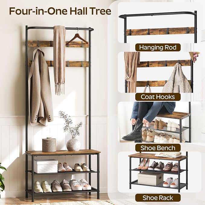 YATINEY Hall Tree, Coat Rack with Shoe Bench, 4-in-1 Entryway Bench with Storage Shelves, Hanging Rod and 8 Movable Hooks, Hall Tree with Storage Bench for Hallway, Rustic Brown and Black MT02BR - Image 3