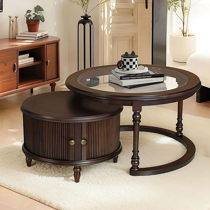 LKTART Nesting Coffee Table for Living Room,Round Tempered Glass Solid Wood Nest Coffee Tables with Storage,Retro Small Accent Center Table for Small Space Apartment (31.5''D×18''H-Dark Brown)