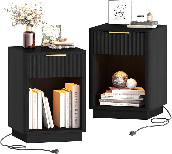 Akxomel Fluted Nightstands Set of 2, Wooden Night Stand with Charging Station and LED Light, Modern Mid Century End Table with Drawer, 15" D x 15.7" W x 22.6" H, for Bedroom, Black by Akxomel
