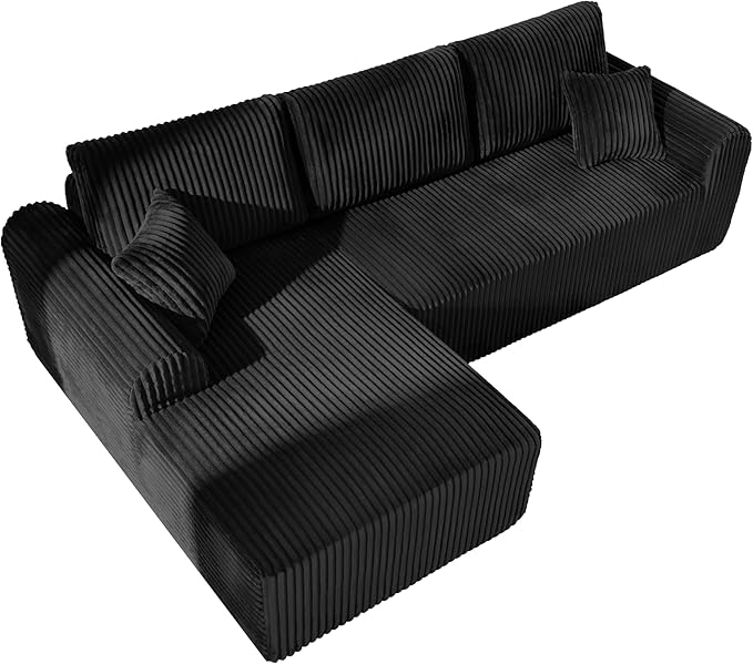 109-Inch L-Shaped Left Facing Boneless Corner Sofa 2 PCS Modular Sectional Cloud Sofa Couch with Chaise Lounge and Toss Pillow, Corduroy Boneless L-Shaped Couches