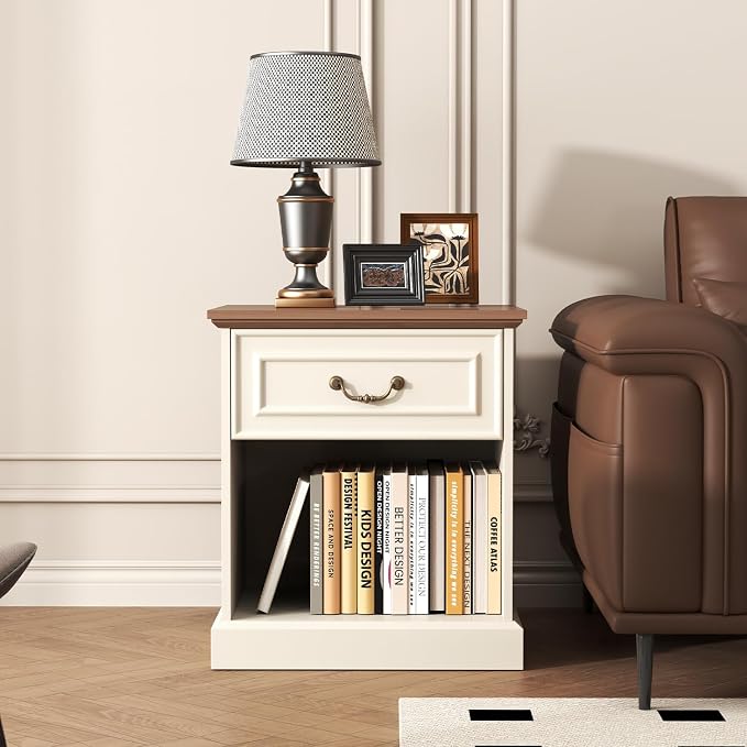 Nightstand Set of 2 with Drawer and Open Shelf, Wooden Bed Side Table for Bedroom, Modern End Table Side Table for Living Room, Small Night Stand Set 2 Furniture for Small Spaces (Beige) - Image 6