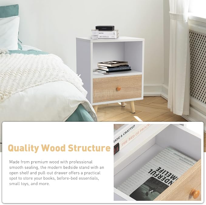 JAXPETY Nightstands Set of 2, Night Stand with Drawer and Open Storage Shelf, Bedside Tables with Solid Wood Legs, End Table, Side Table, for Bedroom(2-Pack, White) - Image 7