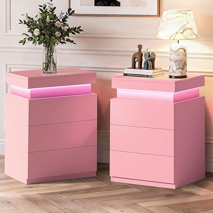 ADORNEVE Nightstand with Charging Station and LED Lights,Night Stand with Sliding Top,Bedside Table with Drawers,Modern End Side Table for Bedroom,Pink - Image 7