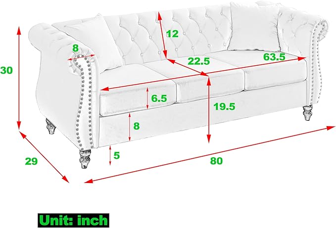 KEIKI Chesterfield Sofa, Retro Style Upholstered 3 Seater Velvet Couch with Rolled Arm for Living Room Bedroom Office Apartment, Beige