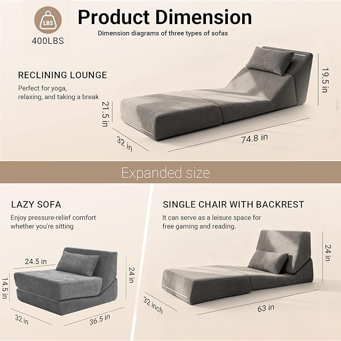 Chair Bed Sleeper for Adults, Convertible Sleeper Chair Bed with Pillow, 3 in 1 Folding Sofa Bed Chair Lounge with Back Support & Removable Washable Cover for Living Room, Office (Grey) | Folding Bed Chair, with Pillow
