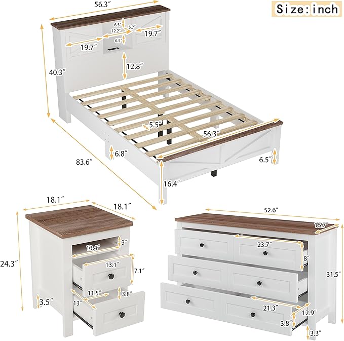 3 Pieces Bedroom Set Full Size Platform Bed with Storage Headboard, Nightstand and Dresser, 3 Piece Wood Bedroom Furniture Set,White+Brown