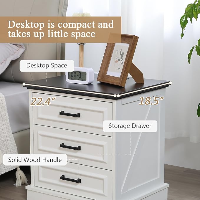 Farmhouse Night Stands Set of 2, Wood Nightstand with Charging Station, 22" Wide End Table with 3 Drawers, White Bedside Cabinet for Bedroom - Image 6