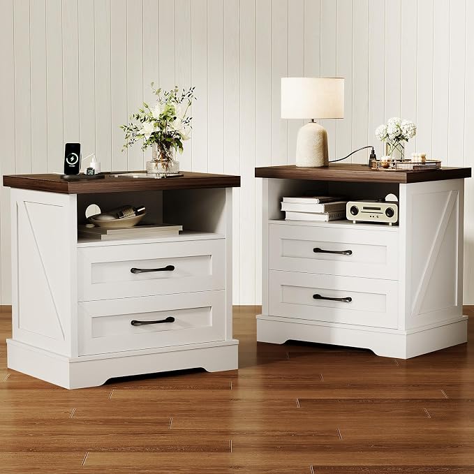 AODK 24 Inch Farmhouse Nightstand Set of 2, Bedside Tables with Charging Station, Wood End Tables with 2 Drawers and Open Shelf, Rustic Bed Side Table for Bedroom & Living Room, White & Dark Walnut by AODK