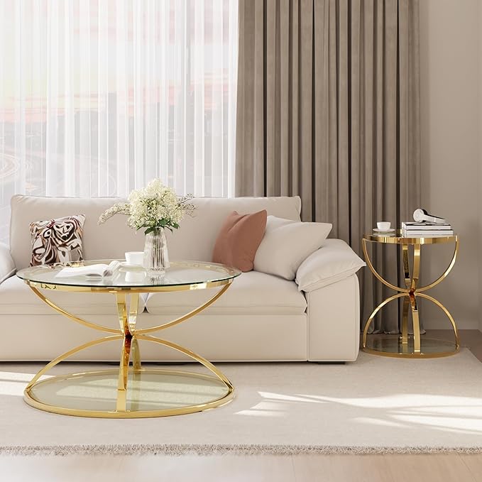 32" Tempered Glass Round Coffee Table with 20" Side Table Set, Modern Gold Frame Dome Base Two Tiers Circle Living Room Center and Small End Tables, Set of 2
