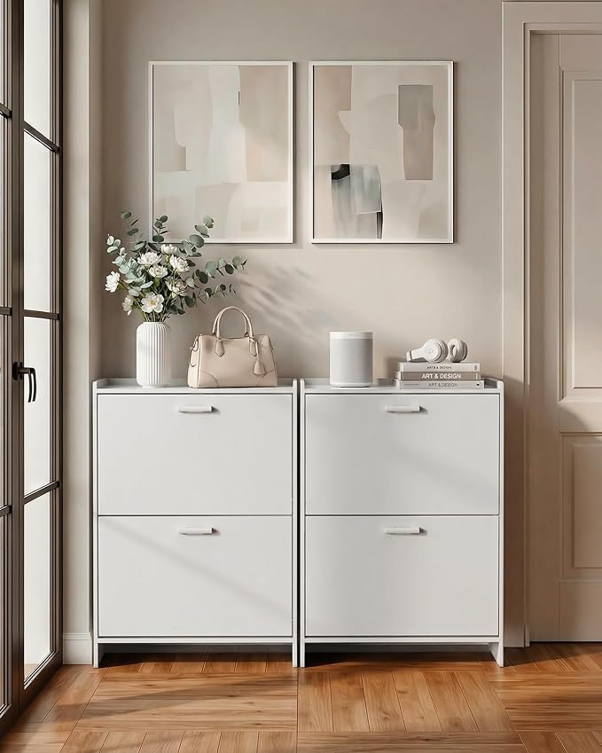 Shoe Cabinet with 2 or 3 Flip Drawers, Narrow Shoe Storage Cabinet, Hidden Shoe Organizer for Entryway, Space Saving Shoe Rack for Hallway, Living Room (White, 2 Drawers with Handle) - Image 9