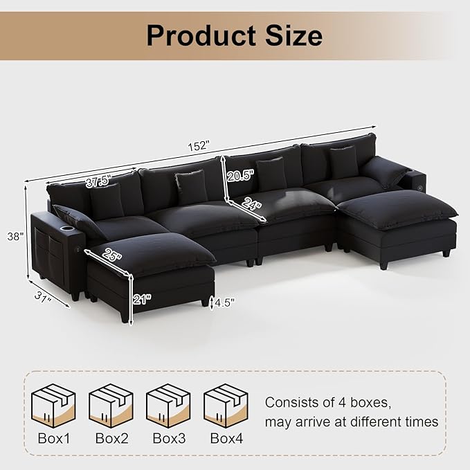 152" Modular Sectional Sofa, U Shaped Cloud Couch with Movable Ottoman, Chenille Deep Seat Cloud Sofa with Charging Station, Cup Holder, Side Pocket, Sectional Couches for Living Room, Black