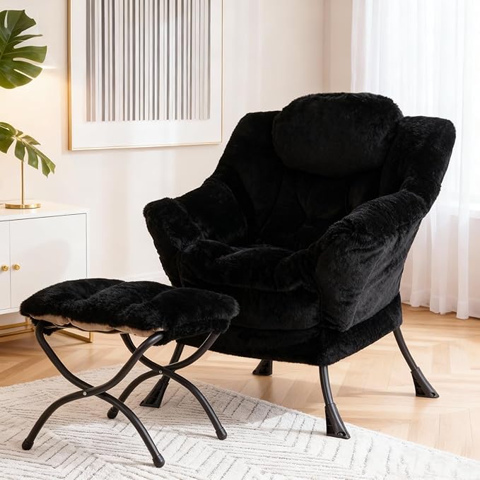 Lazy Chair with Ottoman, Modern Accent Chair Sofa Chair with Armrests, Reading Chair and Folding Footstool for Living Room, Bedroom, Office, Plush Black