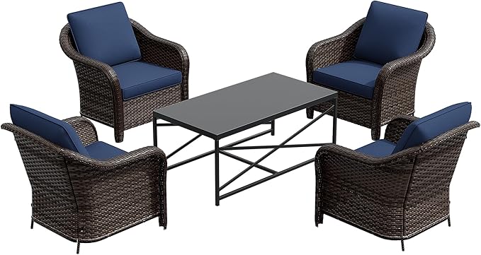 5 Pieces Outdoor Patio Conversation Furniture Set with Removable Covers, All-Weather PE Rattan, 4 Steel Frame Wicker Chairs with Cushions, 47" Metal Coffee Table for Yard (Navy Blue)