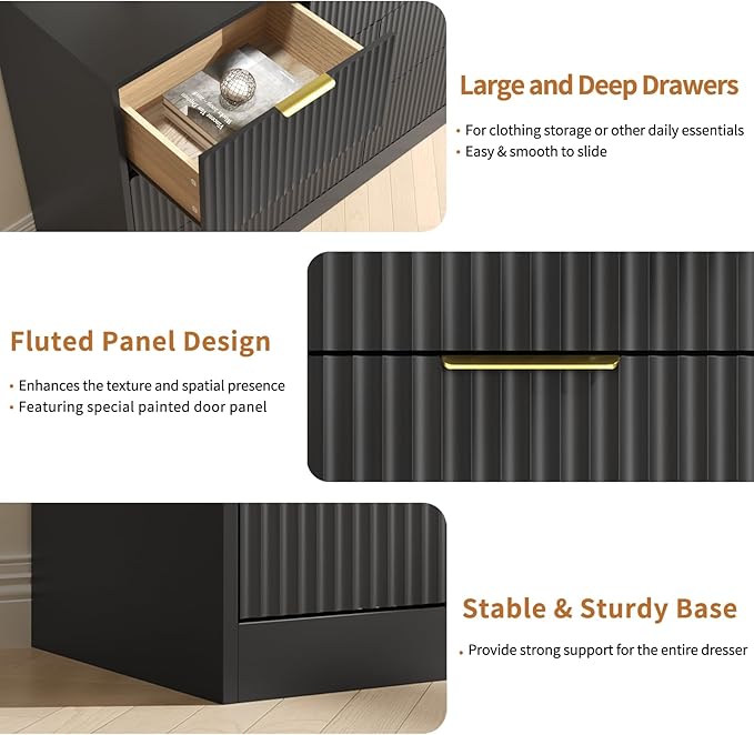 Black Dresser Set of 2, Large Dresser for Bedroom Wooden with 14 Drawers, Fluted Modern Bedroom Furniture Set, TV Stand Dressers & Chests of Drawers for Closet (15.7"D x 110.2"W x 31.8"H)