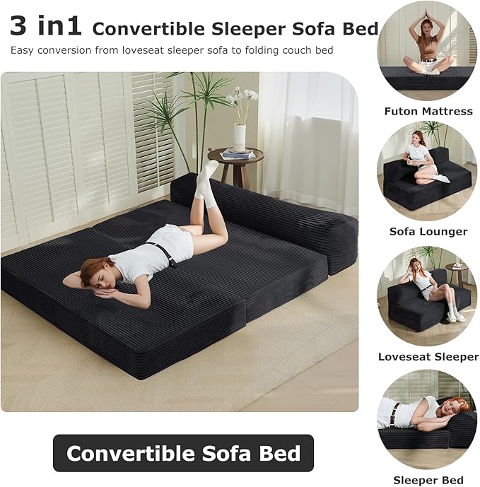 6-inch Folding Mattress Convertible Sofa Bed, Foldable Floor Mattress Sleeping Couch with Removable Corduroy Cover & Carry Handles, High-Density Foam Guest Bed Mattress (Black, Queen)