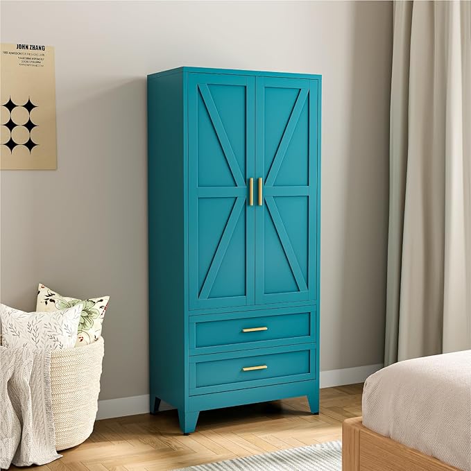 Metal Wardrobe Cabinet, 71" Tall Armoire Wardrobe Closet with 2 Drawers, Hanging Rod and Adjustable Shelf, Farmhouse Clothing Storage Cabinet for Bedroom, Laundry
