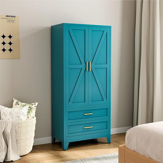 Metal Wardrobe Cabinet, 71" Tall Armoire Wardrobe Closet with 2 Drawers, Hanging Rod and Adjustable Shelf, Farmhouse Clothing Storage Cabinet for Bedroom, Laundry