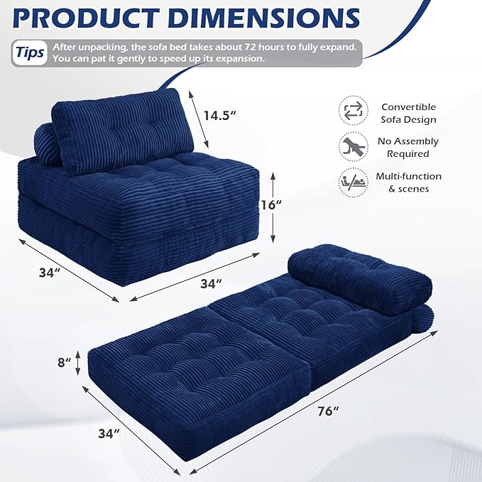 Folding Sofa Bed, Convertible Sleeper Chair with Pillow & Handle, Foldable Mattress Futon Chair Bed Lounge with Back Support, Comfy Floor Sofa for Living Room Bedroom, NavyBlue, Single