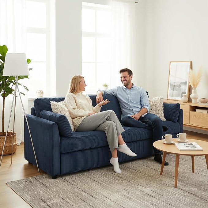 3 Seater Couches for Living Room, 79" Modern Corduroy Sofa with 2 Pillows and Storage Pockets, Comfy Upholstered Couches for Apartment, Small Spaces, Home Office, Navy Blue