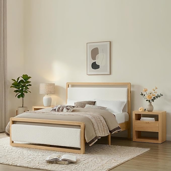 KISLOT 3 Pieces Bedroom Set, Wood Bed Frame with Upholstered Headboard & 2 Nightstands with Storage, Wooden Platform Mattress Foundation Farmhouse Bedroom Furniture Set