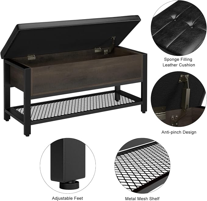 HOSTACK Storage Bench, Entryway Shoe Bench with Flip-Open Storage Box, End of Bed Ottoman Bench with Storage Shelf and Padded Seat for Bedroom, Hallway, Dark Brown - Image 7