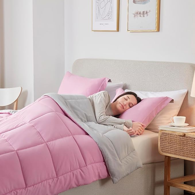 Nestl 3 Piece Quilted Down Alternative Comforter, King Size with 2 Pillow Shams, All Season Pink/Light Grey Duvet Inserts