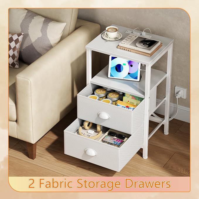 Furologee LED Night Stand with Charging Station, White Nightstand with Fabric Drawers, Bedside Table with Storage Shelf, End Table for Living Room/Bedroom/Dorm - Image 6
