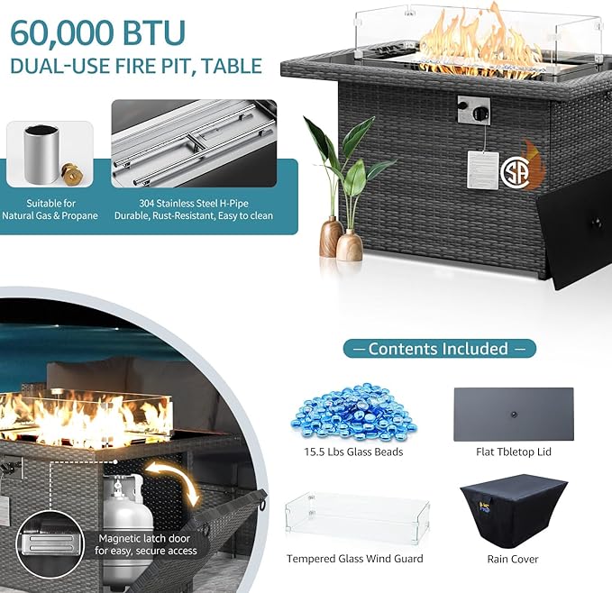 NICESOUL Big Size 9 Piece Patio Furniture Set with Fire Pit Natural Gas & Propane, 29.3'' High Back Comfy Outdoor Rattan Conversations, Wide Seats Couches for Outside, 2 Color Cushions Teal & Gray