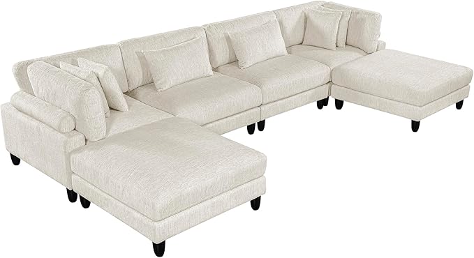 Lexicon 160 Inch Modular Sectional Sofa - Oversized 6 Seater Microfiber U Shaped Sectional Couch, 6 Accent Pillows, and Flexible Arrangement for Modern Living Rooms, Beige