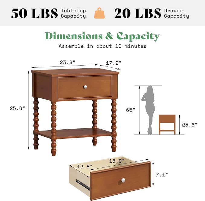 AMERLIFE 24" Walnut Nightstand, Vintage Bedside Table for Bedroom, Solid Wood Night Stand with Turned Legs, End Table with Drawer & Open Shelf, Large/Tall Nightstand, Brown Walnut Finish - Image 2